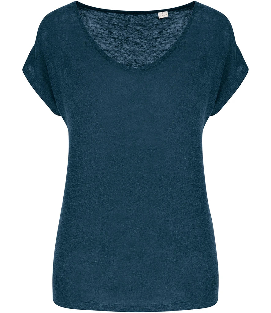 Spasso Ladies V Neck Linen T-Shirt — Peacock Blue