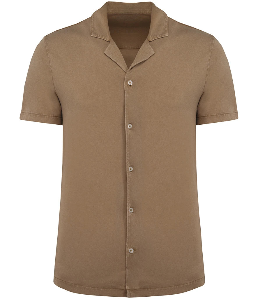 Spasso Jersey Short Sleeve Bowling Collar Shirt — Washed Cream Coffee