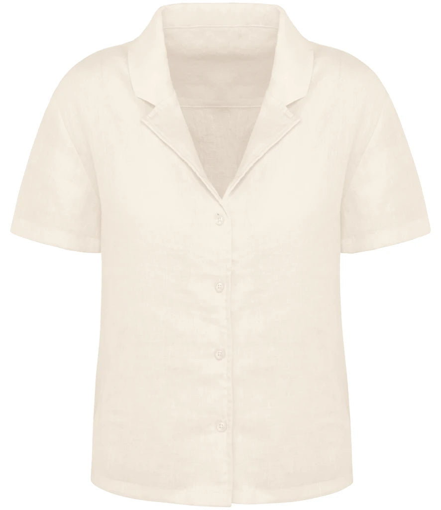 Spasso Ladies Short Sleeve Linen Bowling Collar Shirt — Ivory