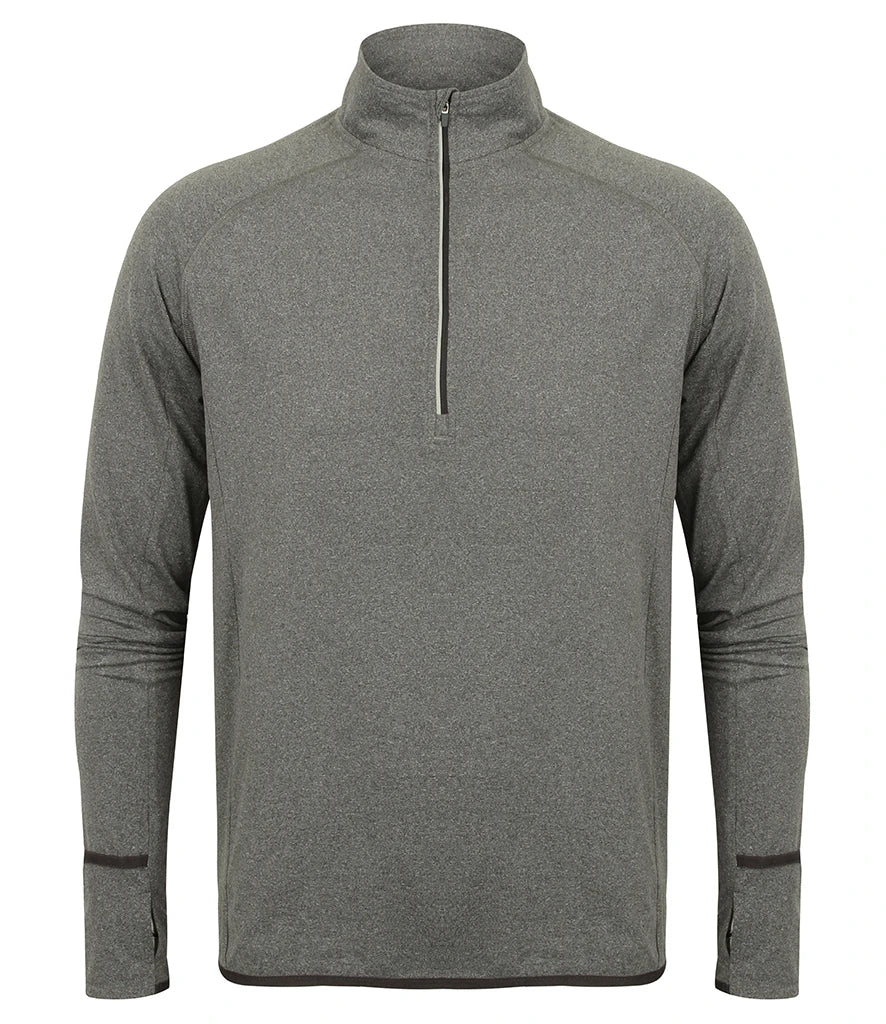 Tombo Long Sleeve Zip Neck Performance Top — Grey Marl